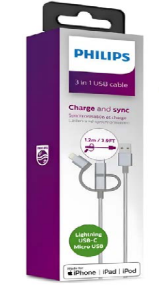 Cable Combo 3 En 1 Philips DLC4541VV94 Lightning - Imagen 2